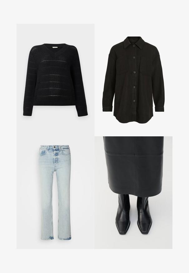 Mustaa nappilistajakkua, jossa on kauluksellinen kaula, kaksi rintataskua ja pitkät hihat, valmistettu pehmeästä, teksturoidusta kankaasta.; TOM TAILOR DENIM V NECK - Neule - deep black; Vaaleansiniset farkut, joissa on suora lahje, korkea vyötärö, viisi taskua ja napitus. Haalistunut pesu, jossa on hienot kulutusedet.; Musta nahkasaapas korkean nilkan kanssa, neliökärkinen muotoilu ja sivuvetoketju. Sileä pinta ja minimoitu varuste; yhdistetty mustaan nahkahameeseen.