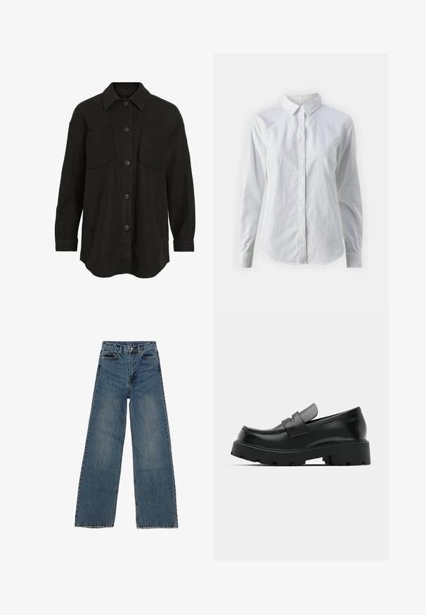 Zwarte button-up jas met een kraag, twee borstzakken en lange mouwen, gemaakt van zachte, gestructureerde stof.; Witte overhemd met knopen van glad katoen, met een klassieke kraag, lange mouwen en een afgeronde zoom. De knopen zijn klein en wit.; Blauwe denim wijd uitgesneden jeans met een hoge taille, vijf zakken en contrasterende stiksels. Vervagingen en lichte slijtage zichtbaar op de stof.; Zwarte leren instappers met een chunky, gestructureerde zool, voorzien van een band over de voet en een gladde, gepolijste afwerking.
