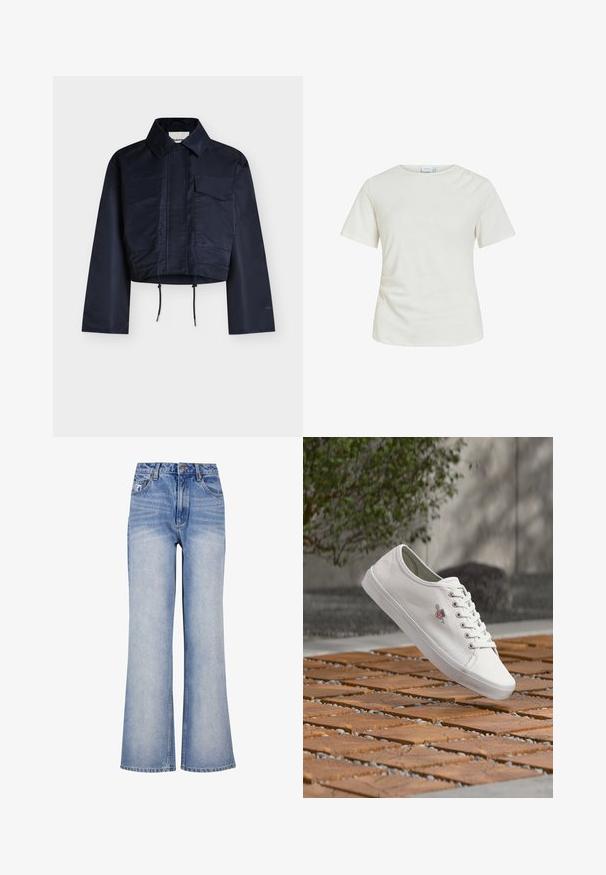 Marineblå cropped jakke med lange ærmer, spids krave, to klaplommer på brystet og justerbare snore i kanten.; Hvid T-shirt med korte ærmer og rund hals, med en subtil rynkedetalje i venstre side ved taljen.; Lys blå denim bred-benede jeans har høj talje, knaplukning, diskret slidmærker og et klassisk fem-lomme design.; Hvid lavtop sneakersko med snørebånd og logodetalje, svævende over en træflise og grus udendørs overflade.