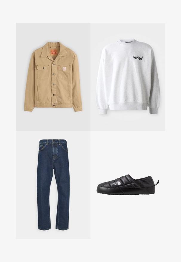 Levi's® Workwear SUNRISE TRUCKER - Leichte Jacke - tiger's eye; Hellgrauer Sweatshirt mit Rundhalsausschnitt, gerippten Bündchen und Saum. Verfügt über ein schwarzes "Wittopia"-Logo auf der linken Brustseite. Weiche Textur.; Dunkelblaue gerade geschnittene Jeans mit vorderem Knopf, Reißverschluss und Taschen, vor einem weißen Hintergrund präsentiert.; Schwarzer Slipper mit gestepptem Design, aus gepolstertem Material gefertigt. Verfügt über eine strukturierten Gummisohle und eine kleine Lasche hinten.