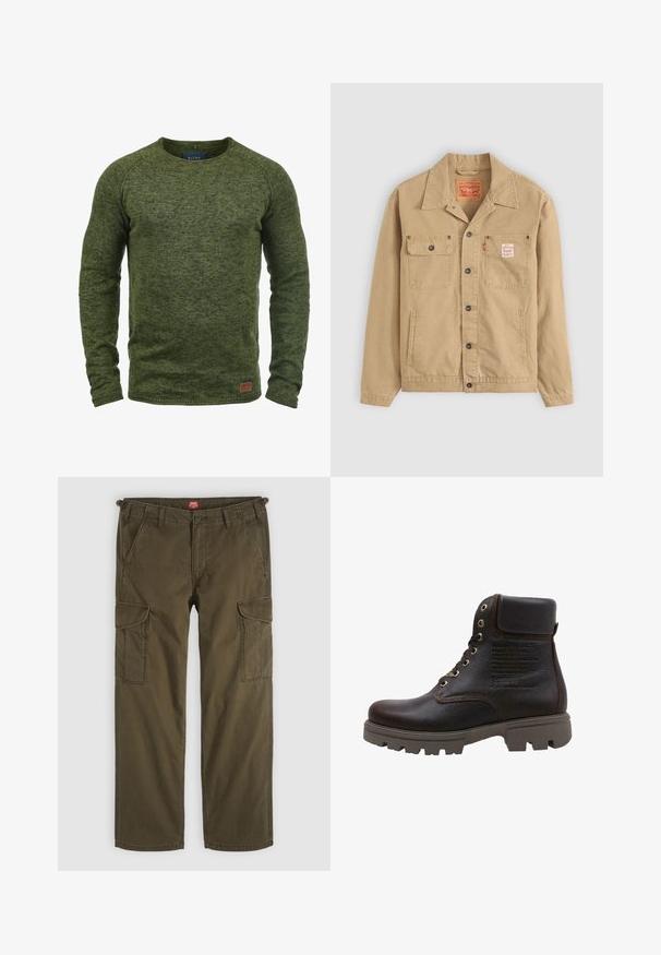 Levi's® Workwear SUNRISE TRUCKER - Chaqueta fina - tiger's eye; Suéter verde hecho de tejido de punto texturizado, con cuello redondo, mangas largas y un pequeño parche de logo marrón en la parte inferior delantera.; Pantalones cargo de pierna recta en verde oliva con bolsillos laterales con solapa, bolsillos frontales inclinados, trabillas para cinturón y cierre con botón.; Panama Jack CODY - Botines con cordones - brown