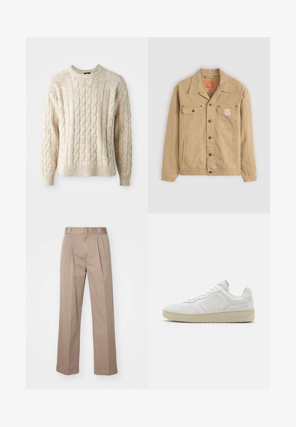 Levi's® Workwear SUNRISE TRUCKER - Letná bunda - tiger's eye; Krémový sveter s kabelovým úpletom, okrúhlym výstrihom, textúrovaným vzorom a rebrovanými manžetami a lemom. Vyrobený z mäkkej, hrubej priadze.; Bežové nohavice s vysokým pásom a širokými nohavicami. Majú dva predné záhyby a hladkú textúru. Štandardná dĺžka s čistým spracovaním.; Biele kožené tenisky s textúrovaným povrchom a polstrovaným golierom. Majú béžovú gumovú podrážku a diskrétne značenie na päte a boku.