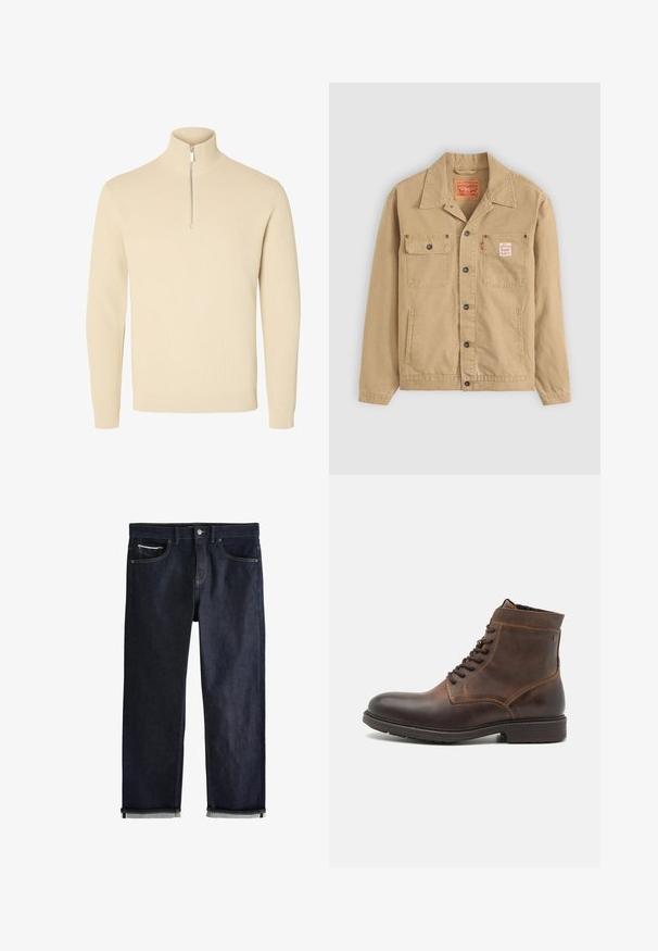 Levi's® Workwear SUNRISE TRUCKER - Leichte Jacke - tiger's eye; Beiger Strickpullover mit hohem, geripptem Kragen und kurzem Frontreißverschluss, mit langen Ärmeln sowie gerippten Bündchen und Saum.; Dunkelblaue Jeans aus Denim mit umgeschlagenen Bündchen, Knopf- und Reißverschluss, Vorder- und Münztaschen und kontrastierenden Nähten vor weißem Hintergrund.; Jack & Jones JFWDELANEY BOOT - Schnürstiefelette - cognac