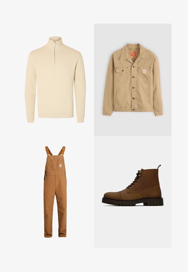 Levi's® Workwear SUNRISE TRUCKER - Letná bunda - tiger's eye; Béžový pletený sveter s vysokým rebrovaným golierom a krátkym predným zipsom, s dlhými rukávmi a rebrovanými rukávmi a lemom.; Carhartt WIP BIB OVERALL DEARBORN CANVAS - Montérky - hamilton brown rinsed; Hnedé kožené šnurovacie členkové topánky s hrubou čiernou podrážkou a pútkom na bielom pozadí.