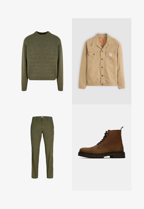 Levi's® Workwear SUNRISE TRUCKER - Let jakke / Sommerjakker - tiger's eye; Grøn uldblandings sweater med rund hals, ribbede manchetter og kant, samt en blød, struktureret finish. Klassisk, afslappet pasform med sænkede skuldre.; Herre olivengrøn cargobukser med sidelommer, knaplukning, bæltestropper og lige ben.; Brun læder snørefri ankelstøvle med tyk sort sål og hængslet på en hvid baggrund.