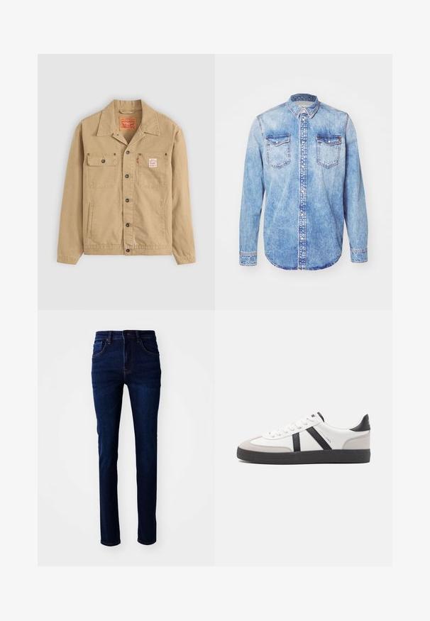 Levi's® Workwear SUNRISE TRUCKER - Lichte jas - tiger's eye; Lichtblauw denim shirt met lange mouwen, button-down kraag, twee borstzakken en contrasterende stiksels. Afgeronde zoom en klassieke pasvorm.; Donkerblauwe denim jeans met een rechte snit, vijf-pocketontwerp en subtiele stiksels. De stof heeft een soepele textuur.; Witte sneaker met zwarte en grijze accenten, voorzien van een grijze neus met textuur, zwarte rubberen zool en platte witte veters. Schoon ontwerp, minimalistische stijl.