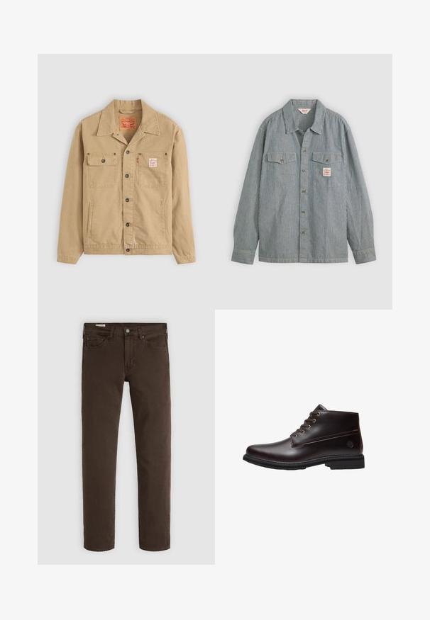 Levi's® Workwear SUNRISE TRUCKER - Leichte Jacke - tiger's eye; Gestreifte Hemd in Blau und Weiß, mit Kragen, zwei Brusttaschen und einem kleinen Etikett. Hergestellt aus leichtem Stoff.; Braune Baumwollhose mit geradem Bein, ausgestattet mit einem Reißverschluss, zwei Vordertaschen und einer Gesäßtasche. Glatte Textur und einfarbig.; Dunkelbrauner Leder-Schnürstiefel mit schwarzer Sohle und dezentem Markenlogo an der Seite, im Profil vor weißem Hintergrund gezeigt.