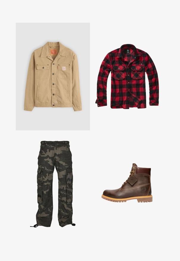 Levi's® Workwear SUNRISE TRUCKER - Lichte jas - tiger's eye; Rood en zwart geruite flanellen shirt met lange mouwen, twee borstzakken met kleppen en drukknoopsluiting. Zachte textuur, ruime pasvorm.; Camouflage cargobroek in donkergroen en grijs, met meerdere zijzakken, een knoopsluiting en verstelbare enkelkoordjes.; Bruine leren enkelboot met een ronde neus, stevige zool, hardware in goudkleur en een gestructureerde bovenkant. Inclusief een merklabel dat is bevestigd.