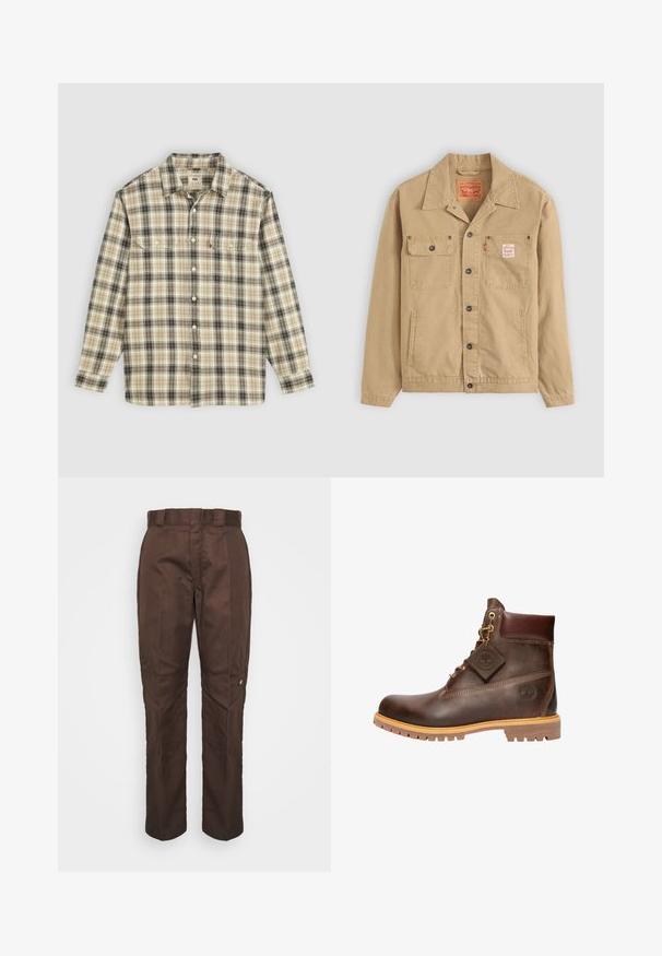 Levi's® Workwear SUNRISE TRUCKER - Lichte jas - tiger's eye; Langarm geruite blouse in beige, zwart en bruin stof, met knoopsluiting, twee borstzakken en een klassiek kraagontwerp.; Bruine, recht lopende broek met een gladde textuur. Heeft een riemlus, zijnaad en een klein merklogo op het linkerbeen.; Bruine leren enkelboot met een ronde neus, stevige zool, hardware in goudkleur en een gestructureerde bovenkant. Inclusief een merklabel dat is bevestigd.