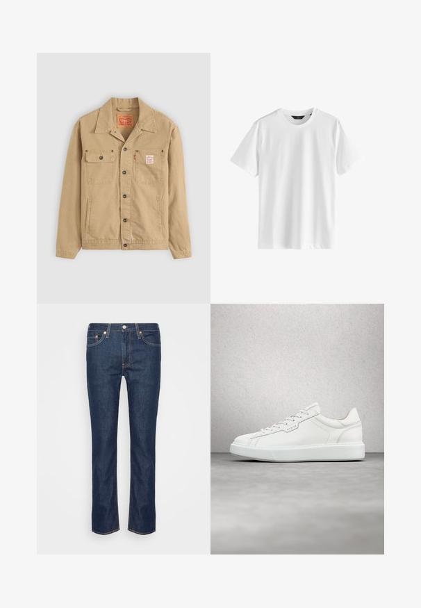 Levi's® Workwear SUNRISE TRUCKER - Let jakke / Sommerjakker - tiger's eye; Hvid bomuld t-shirt med korte ærmer og rund hals. Glat tekstur, enkelt design, ingen synlige mønstre eller detaljer.; Mørkeblå lige ben denim jeans med orange søm, fem lommer og en frontknap samt lynlås.; Hvide lædersneakers med rund tå, flad snørebåndslukning og grå gummisål. Har diskrete syninger og et logoplacering.