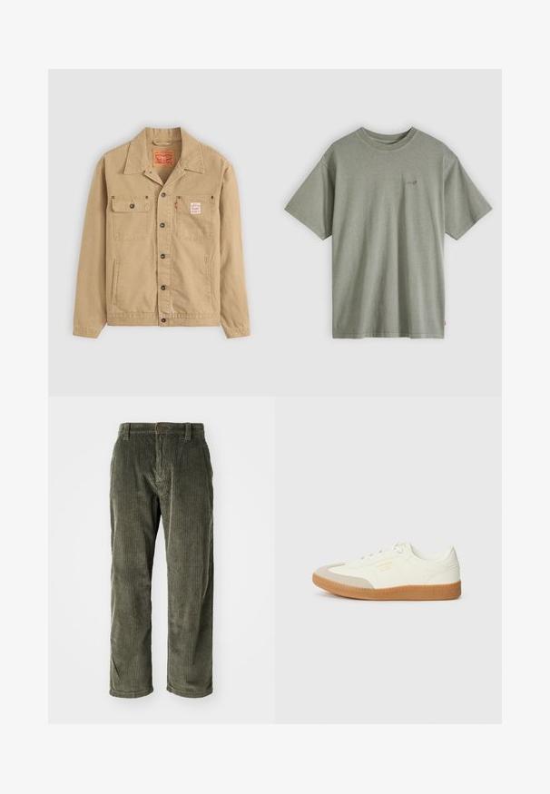 Levi's® Workwear SUNRISE TRUCKER - Lichte jas - tiger's eye; Effen lichtgrijs-groen T-shirt met korte mouwen, ronde hals en klein Levi's-logo op de linkerborst.; Olijfgroene corduroy broek met verticale ribbels, voorzien van een knoopsluiting en een rechte pijp. Zachte textuur met een klassieke pasvorm.; Schoen gemaakt van wit leer met een beige teenkap en een lichtbruine rubberen zool. Voorzien van platte witte veters en reliëfbranding aan de zijkant.