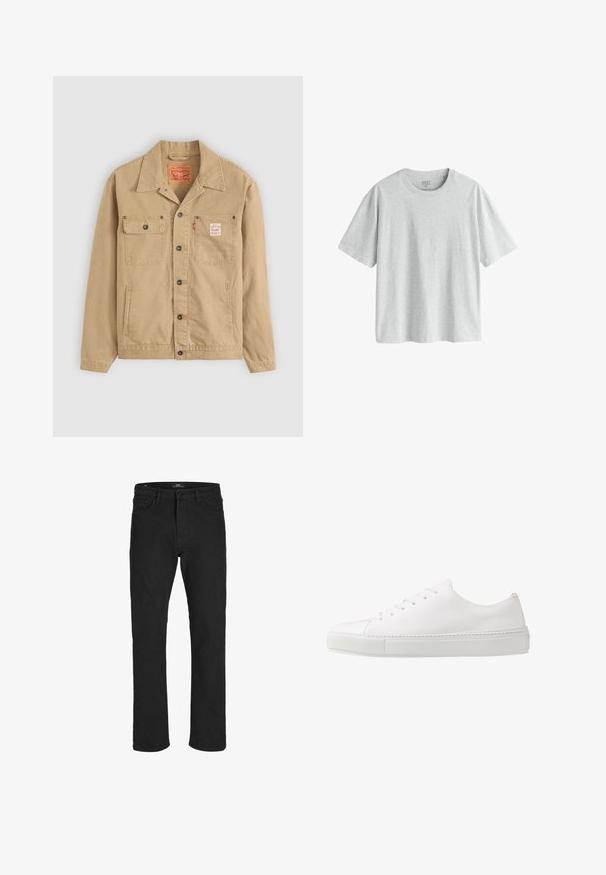 Levi's® Workwear SUNRISE TRUCKER - Leichte Jacke - tiger's eye; Hellgraues T-Shirt mit kurzen Ärmeln aus einem weichen, glatten Stoff, mit rundem Ausschnitt und lockerem Schnitt. Keine sichtbaren Muster oder Grafiken.; R.D.D. ROYAL DENIM DIVISION Regular fit RDD Royal Selvedge RE 330 Relaxed - Jeans Straight Leg - black denim; Weiße Leder-Sneaker mit glatter Oberfläche, abgerundeter Zehenpartie und sechs Ösen für die Schnürsenkel. Verfügt über eine strukturierte Gummisohle und ein minimalistisches Design.