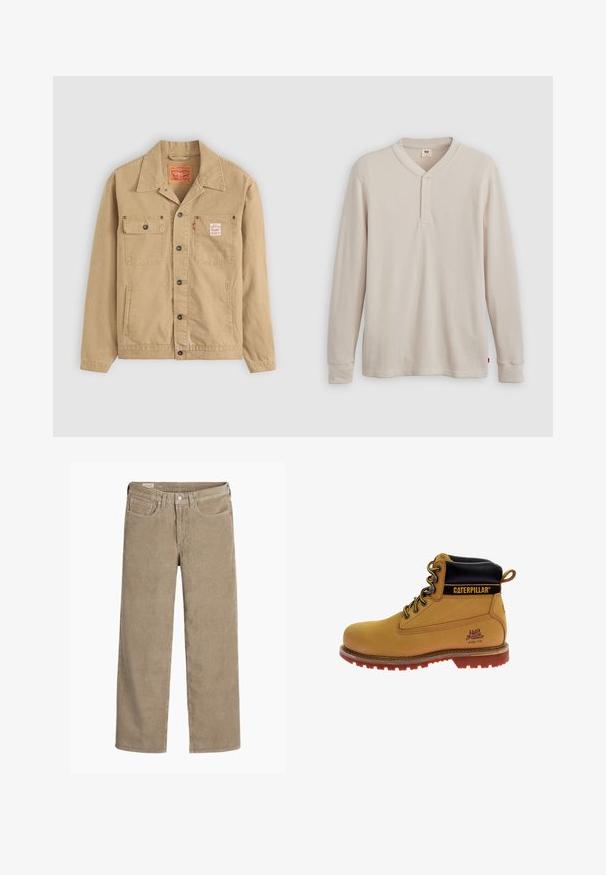 Levi's® Workwear SUNRISE TRUCKER - Lichte jas - tiger's eye; Lange mouwen henley-shirt in lichtbeige ribbelstof, met een V-hals, een drieknoopsluiting en manchetten. Rode logo-label aan de onderkant.; Lichtbruine corduroy broek in een wijd model, met een knoop- en ritssluiting, vijf zakken en een zachte, ribbeltextuur.; Tan leren werklaars met zwarte kraag, stalen neuzen, bruine rubberen zool, oranje accenten en logo-detail aan de zijkant.