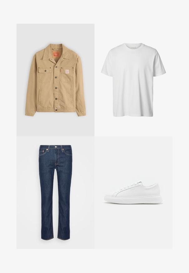 Levi's® Workwear SUNRISE TRUCKER - Veste légère - tiger's eye; T-shirt blanc uni à manches courtes, col rond, coupe décontractée, sans logos ni motifs visibles à l'avant.; Jean en denim droit bleu foncé avec des coutures orange, cinq poches, et une fermeture à bouton et à zip à l'avant.; Baskets blanches en matériau synthétique lisse. Dotées d'un design basse, d'une semelle blanche surélevée, d'un embout arrondi et d'un système de laçage à l'avant avec cinq œillets.