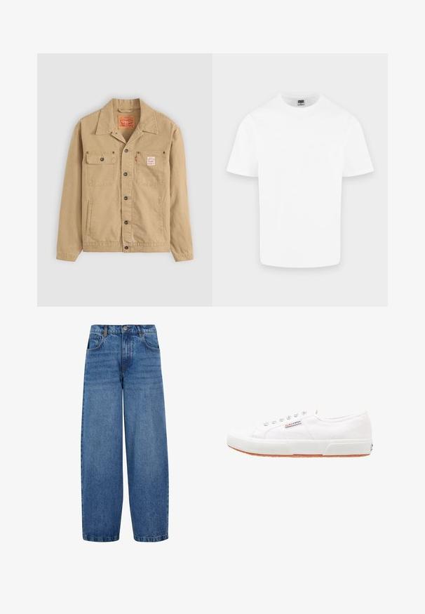 Levi's® Workwear SUNRISE TRUCKER - Letná bunda - tiger's eye; Jednoduché biele bavlnené tričko s krátkym rukávom a okrúhlym výstrihom zobrazené na svetlo sivom pozadí.; Široké džíny v stredne modrom denime. Majú vysoký pás, klasický dizajn s piatimi vreckami a jemné blednutie po nohách. Štandardný lem.; Biele plátnené tenisky s gumovou podrážkou, s šnurovacím dizajnom a malou logo nálepkou na boku. Štruktúrovaný biely zvršok a hnedá podrážka.