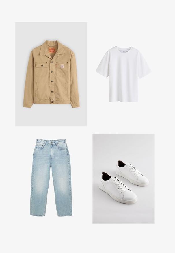 Levi's® Workwear SUNRISE TRUCKER - Lichte jas - tiger's eye; Effen wit katoenen T-shirt met korte mouwen en een ronde hals, van voren getoond op een witte achtergrond.; Lichtblauwe high-waist spijkerbroek met een rechte pijp, voor- en achterzakken en een knoopsluiting met zichtbare stiksels.; Witte lederen sneakers met een laag profiel, geperforeerde zijkanten, platte veters en een contrasterende bruine binnenvoering. Rubberen zool met een textuurpatroon.