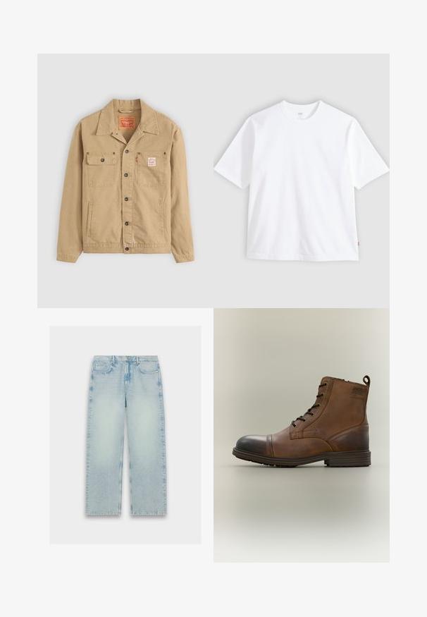 Levi's® Workwear SUNRISE TRUCKER - Leichte Jacke - tiger's eye; Weißes kurzärmeliges T-Shirt aus Baumwolle mit Rundhalsausschnitt und geradem Schnitt. Etikett sichtbar am unteren Seiten Saum.; Helle blaue, hochtaillierte Jeans mit geradem Bein, verblasster Textur und klassischem Fünf-Taschen-Design.; Brauner Leder-Schnürstiefel bis zum Knöchel mit schwarzer Zehenkappe, runder Sohle und Markenlabel an der Seite vor schlichtem Hintergrund.