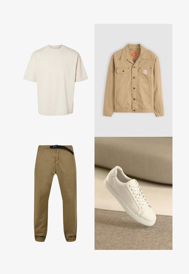 Levi's® Workwear SUNRISE TRUCKER - Suvejakk - tiger's eye; Lihtne beež lühikeste varrukatega üle suurusega puuvillane t-särk ümmarguse kaelusega, esitatud lamedalt valgel taustal.; Khekipüksid, mis on valmistatud puuvillase seguga, elastse vöökohtaga, millel on reguleeritav must vöö, kergelt kitsenevad sääred ning ilma nähtavate mustriteta.; Valge nahast tenniseking valgete paeltega, esitatud beežil tekstureeritud pinnal ja pehmelt häguses taustal.