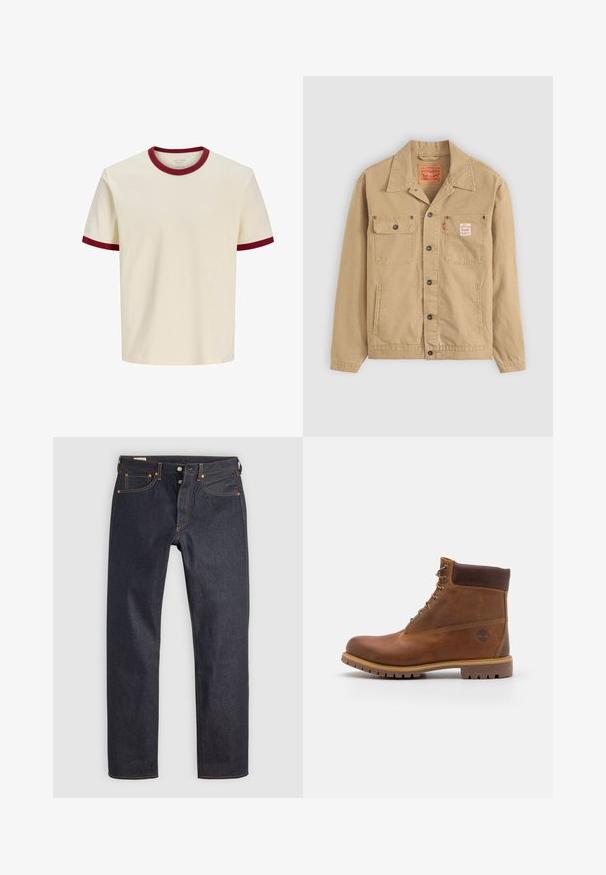 Levi's® Workwear SUNRISE TRUCKER - Καλοκαιρινό μπουφάν - tiger's eye; Κρεμ κοντομάνικη μπλούζα με σκουροκόκκινη επένδυση στη λαιμόκοψη και στα άκρα των μανικιών, εμφανιζόμενη σε απλό λευκό φόντο.; Σκούρο μπλε τζιν με ευθεία γραμμή στα πόδια, με πορτοκαλί ραφές και κλασική σχεδίαση με πέντε τσέπες. Κούμπωμα με κουμπί και φερμουάρ.; Καφέ δερμάτινο μποτάκι πεζοπορίας με λείο φινίρισμα, επενδεδυμένο αστράγαλο, μεταλλικές θηλιές και ελαστική σόλα που διαθέτει ρουστίκ μοτίβο.
