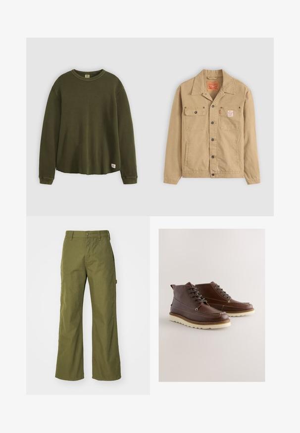 Levi's® Workwear SUNRISE TRUCKER - Kevyt takki - tiger's eye; Vihreä oliivinvärinen pitkähihainen neuletakki, jossa on teksturoitu, ribbausrakenne, pyöreä kaula-aukko, rento malli ja pieni merkkilappu alahelassa.; Vihreät leveät housut, jotka on valmistettu kestävästä kankaasta, joissa on napitus, sivutaskut ja suora helma.; Ruskeat nahkasaappaat, joissa nyöritys, valkoinen ompelu ja kontrastivärinen pohja. Varustettu pyöreällä kärjellä ja nilkan korkeudella.