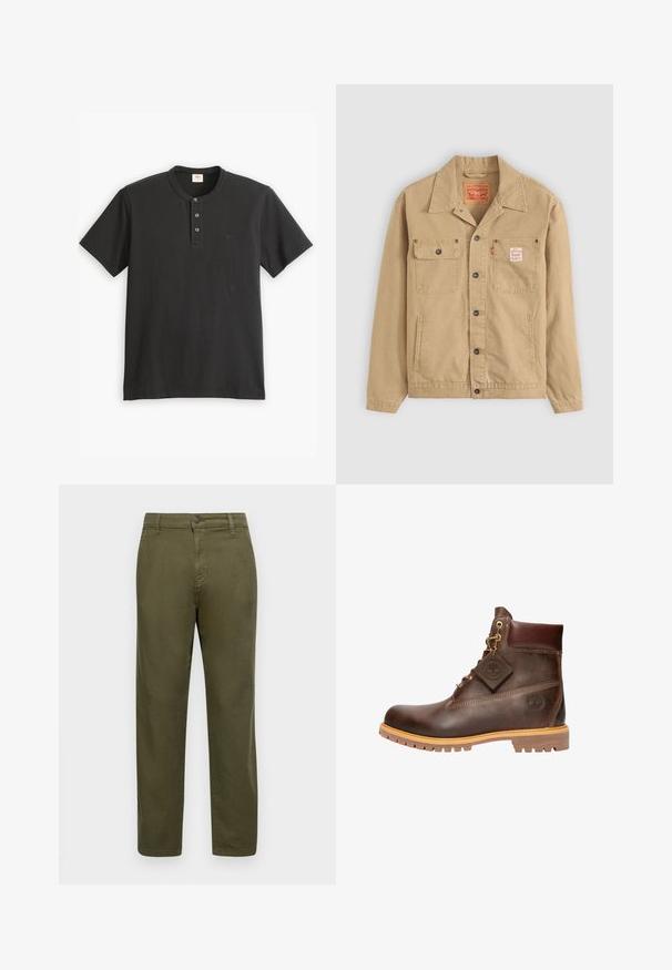 Levi's® Workwear SUNRISE TRUCKER - Suvejakk - tiger's eye; Mustar musta lühikeste varrukatega polo särk, mis on valmistatud puuvillast. Särgil on nööpidega kaelus, millel on kolm nööpi ja väike logo vasakul rinnal.; Olive roheline puuvillane püksid sirge lõikega, nööbiga sulgemine ja minimaalsete õmbluse detailidega. Sile tekstuur ja ilma eristuvate mustriteta.; pruun nahkne pahklöögi saabas ümarate varvastega, tugev tald, kuldse tooni detaljid ja tekstureeritud pealispind. Kaasas brändi silt.