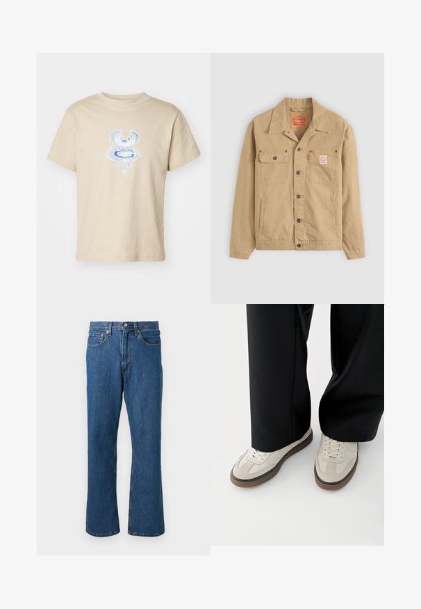 Levi's® Workwear SUNRISE TRUCKER - Veste légère - tiger's eye; Weekday BOXY GRAPHIC TEE - T-shirt imprimé - beige; Jean droit bleu en denim avec bouton et fermeture éclair à l'avant, cinq poches et détails de coutures orange sur un fond uni.; Pieds portant des baskets beige avec des semelles marron et un pantalon noir à jambes larges sur fond blanc.