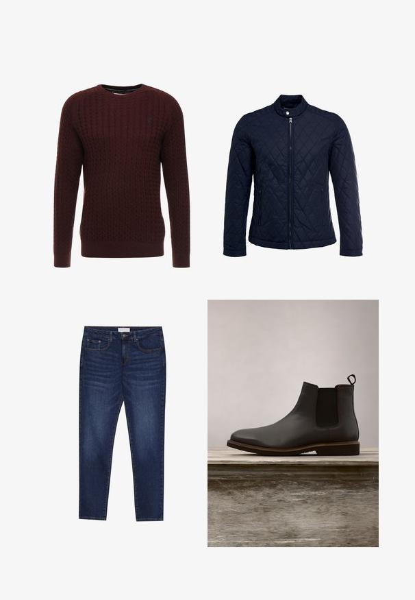 Chaqueta acolchada de color navy que cuenta con un cuello alzado, cierre frontal completo y dos bolsillos laterales. El material tiene una textura suave con patrones en forma de rombo.; Suéter de punto burdeos con un patrón texturizado, cuello redondo y mangas largas. Presenta puños y dobladillo acanalados. Detalle de logo sutil.; Jeans ajustados de color azul oscuro con cinco bolsillos, cierre de botones y costuras de contraste, etiquetados como Pier One en la cinturilla.; Botín Chelsea de cuero negro con paneles elásticos en los lados y puntera redondeada, que presenta una suela texturizada y un sutil detalle de costura, elevado sobre una superficie de madera.