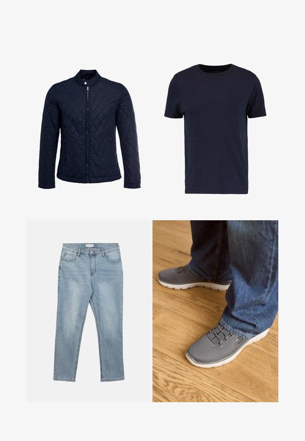 Námorníkovo prešívané sako s vysokým golierom, plným predným zipsom a dvoma bočnými vreckami. Materiál má hladkú textúru s diamantom vzorom.; Pier One by Zalando Základné tričko - dark blue; Svetlomodré džínsové nohavice s predným gombíkom a zipsom, pútkami na opasok a piatimi vreckami, položené na hladkom bielom pozadí.; Šedé športové topánky s sieťovinou, bielou podrážkou a elastickými šnúrkami. V kombinácii s modrými džínsami na drevenej podlahe.