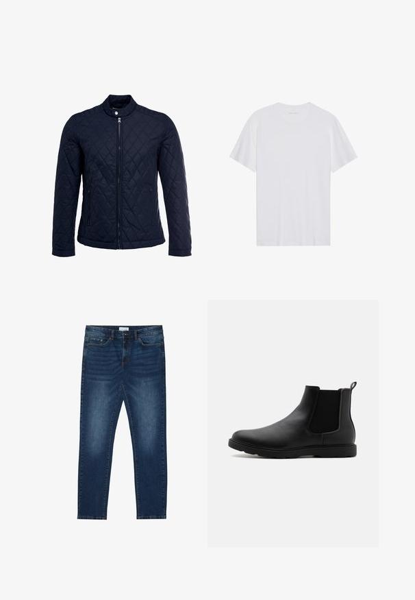 Veste matelassée bleu marine avec col montant, fermeture éclair sur le devant et deux poches latérales. Le matériau a une texture lisse avec des motifs en losange.; T-shirt en coton blanc à manches courtes, col rond et texture lisse. Présente un branding minimal au niveau du col.; Jean slim-fit bleu foncé avec des détails délavés, design classique à cinq poches, fermeture à bouton et passants de ceinture.; Bottine Chelsea en cuir noir avec des panneaux latéraux en élasthanne, une languette et une semelle en caoutchouc durable. Texture lisse et design épuré.