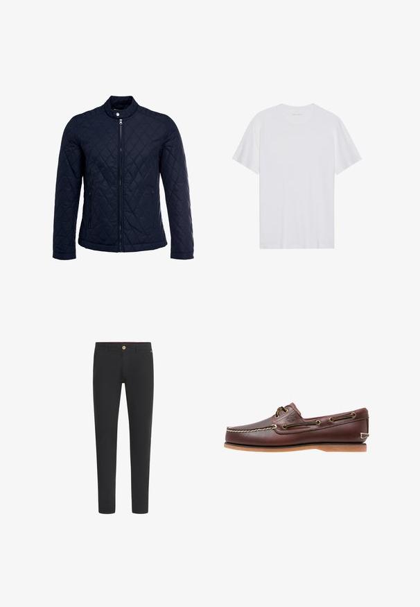 Chaqueta acolchada de color navy que cuenta con un cuello alzado, cierre frontal completo y dos bolsillos laterales. El material tiene una textura suave con patrones en forma de rombo.; Camiseta de algodón blanca con mangas cortas, cuello redondo y una textura suave. Presenta una marca mínima en el escote.; Pantalones ajustados negros con trabillas para cinturón, bolsillos delanteros y cierre de botón en la cintura.; Zapato náutico de cuero marrón con costuras blancas, detalles de cordones y suela de goma color coñac, mostrado de lado sobre un fondo blanco.