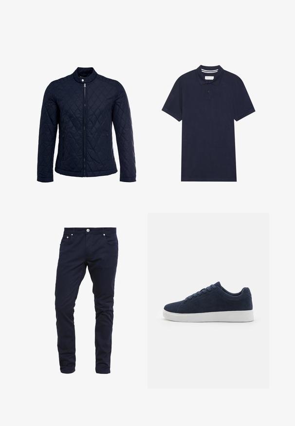 Marineblå quiltet jakke med ståkrave, fuld lynlås foran og to sidelommer. Materialet har en glat tekstur med diamantmønstre.; Marineblå polo t-shirt lavet af tekstureret stof, med en tre-knaps knaplukning, korte ærmer og en stribet krave.; Marineblå slim-fit bukser lavet af bomuldsblandingsstof, med knaplukning, fem lommer og diskrete syninger.; Mørkeblå ruskinds sneakers med rund tå, hvid gummisål og seks snørehuller. Glat tekstur og minimalistisk design. Vist fra siden.