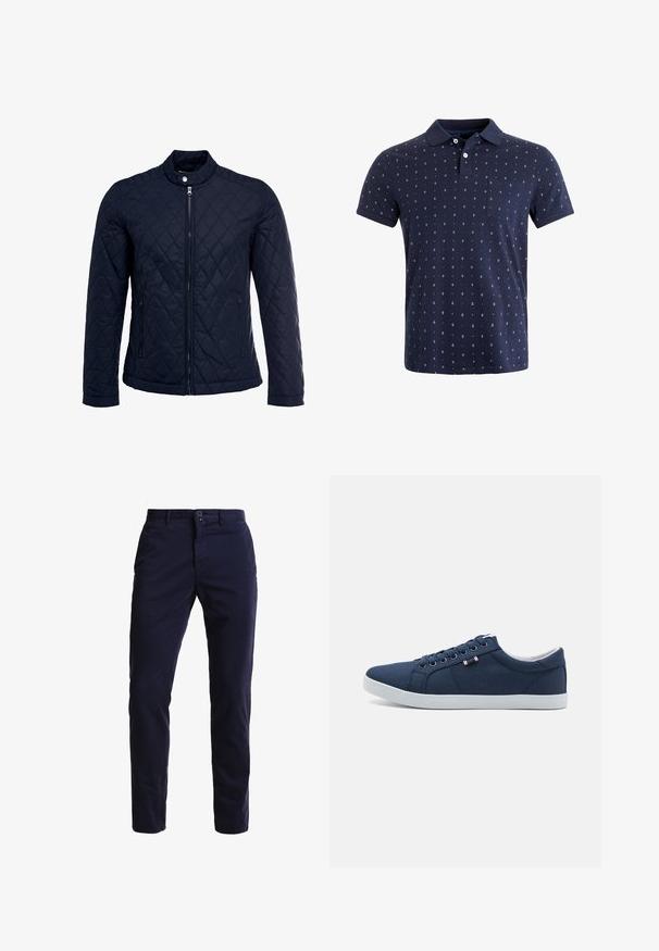 Chaqueta acolchada de color navy que cuenta con un cuello alzado, cierre frontal completo y dos bolsillos laterales. El material tiene una textura suave con patrones en forma de rombo.; Polo azul marino de algodón, con corte recto, mangas cortas, cuello, un bolsillo y un pequeño estampado de anclas en toda la prenda.; Chinos azul marino hechos de una mezcla de algodón, con un diseño de pierna recta, bolsillos frontales, cierre de cremallera y una cinturilla con un solo botón.; Zapatillas de lona azul marino con suelas de goma blancas, punta redonda y seis pares de ojales para los cordones. Presenta una etiqueta de logo en el lateral.