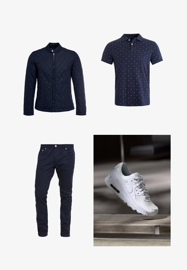 Marineblå quiltet jakke med ståkrave, fuld lynlås foran og to sidelommer. Materialet har en glat tekstur med diamantmønstre.; Mørkeblå polo t-shirt lavet af bomuld, med lige snit, korte ærmer, krave, lomme og et lille anker mønster over hele. ; Marineblå slim-fit bukser lavet af bomuldsblandingsstof, med knaplukning, fem lommer og diskrete syninger.; Hvide Nike Air Max 90 sneakers med en overdel i mesh og læder, perforeret tåboks og en synlig luftenhed i hælen.