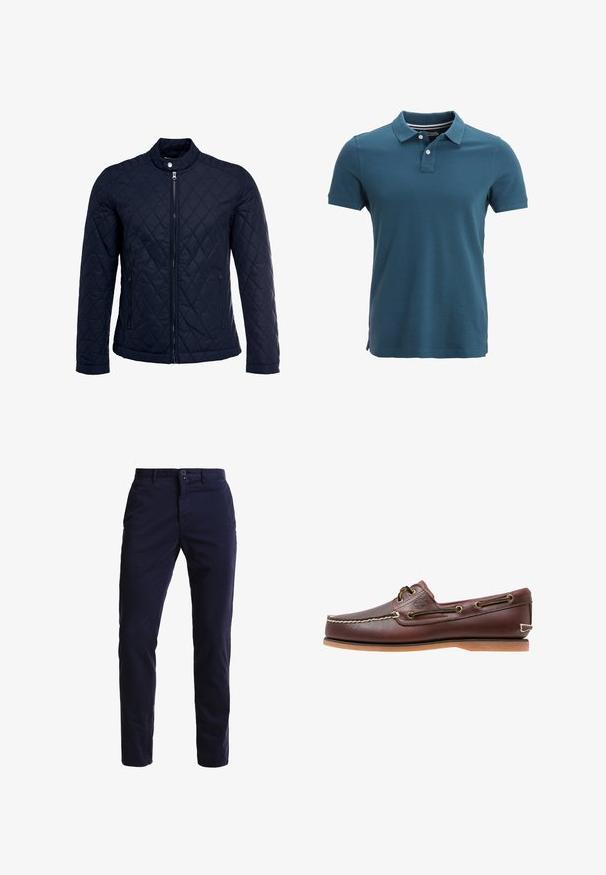 Marineblå quiltet jakke med ståkrave, fuld lynlås foran og to sidelommer. Materialet har en glat tekstur med diamantmønstre.; Polo skjorte i teal med klassisk krave, tre knaplukninger, korte ærmer og sidesløft ved kanten for komfort og bevægelsesfrihed.; Navyblå chinos lavet af en bomuldsblanding, med en lige ben-design, foran lommer, en lynlås lukning og en enkelt knap i taljen.; Brun læder bådsko med hvide sømme, snøre detaljer og lysbrun gummisål, vist fra siden på hvid baggrund.