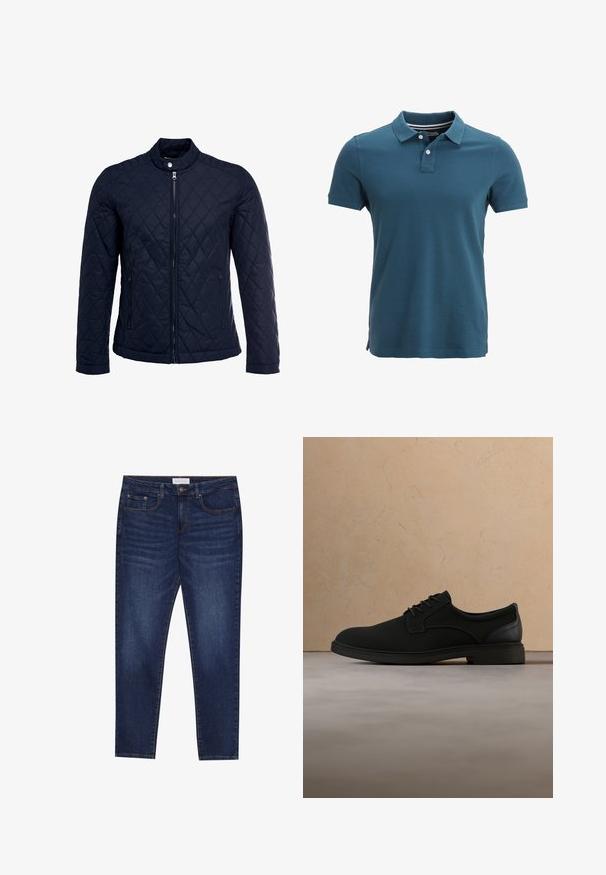 Marineblauwe gewatteerde jas met een staande kraag, volledige ritssluiting aan de voorkant en twee zijzakken. Materiaal heeft een gladde textuur met ruitpatronen.; Polo shirt in teal met een klassieke kraag, een drieknoopsluiting, korte mouwen en zijsplitten aan de onderkant voor comfort en bewegingsvrijheid.; Donkerblauwe slim-fit jeans met vijf zakken, knoopsluiting en contrasterende stiksels, gelabeld Pier One op de tailleband.; Zwarte leren veterschoen zwevend boven een beige tapijt met een bijpassende beige bank op de achtergrond.