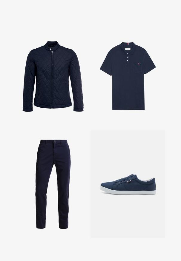Marineblauwe gewatteerde jas met een staande kraag, volledige ritssluiting aan de voorkant en twee zijzakken. Materiaal heeft een gladde textuur met ruitpatronen.; Marine polo shirt van katoen met een kraag, een drieknoopsluiting en een linkse borstzak met een rood, wit en blauwe accentstreep.; Marineblauwe chino's gemaakt van een katoenen mengsel, met een rechte pijp, voorzakken, een ritssluiting en een enkele knoop in de taille.; Marineblauwe canvas sneakers met witte rubberen zolen, ronde neus en zes paar gaatjes voor veters. Kenmerkt zich door een logotag aan de zijkant.
