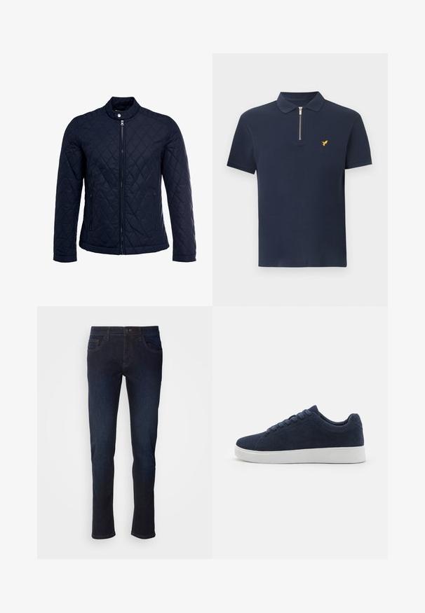 Marinefarbenes wattiertes Jackett mit Stehkragen, durchgehendem Reißverschluss und zwei seitlichen Taschen. Das Material hat eine glatte Textur mit Rautenmuster.; Marineblaues kurzärmeliges Poloshirt mit gerippter Textur, silbernem Frontreißverschluss und kleinem gelben Vogellogo auf der linken Brust.; Dunkelblaue Jeans aus Denim mit geradem Bein, ausgestattet mit Fronttaschen, einem Reißverschluss und dezenten Nähdetails.; Navy Suede Sneakers mit runder Zehenpartie, weißer Gummisohle und sechs Schnürösen. Glatte Textur und minimalistisches Design. Seitenansicht gezeigt.