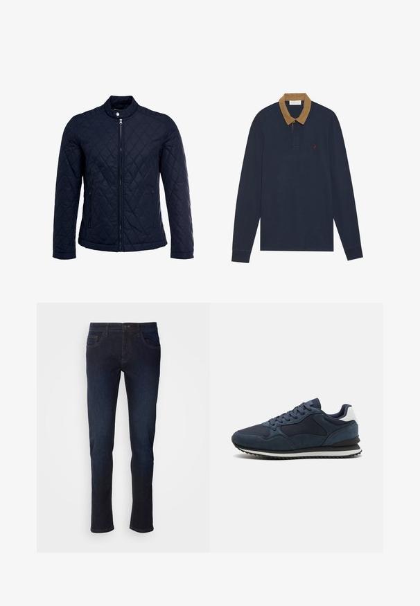 Veste matelassée bleu marine avec col montant, fermeture éclair sur le devant et deux poches latérales. Le matériau a une texture lisse avec des motifs en losange.; Polo-shirt à manches longues marine avec un col en velours côtelé beige. Présente un petit logo rouge sur la poitrine, avec une patte de boutonnage et des poignets côtelés.; Jean en denim bleu foncé avec une coupe droite, dotés de poches avant, d'une fermeture éclair et de détails de couture subtils.; Baskets bleu marine avec un mélange de matériaux en daim et en maille, dotées de lacets plats, d'un accent de talon blanc et d'une semelle en caoutchouc noire texturée.