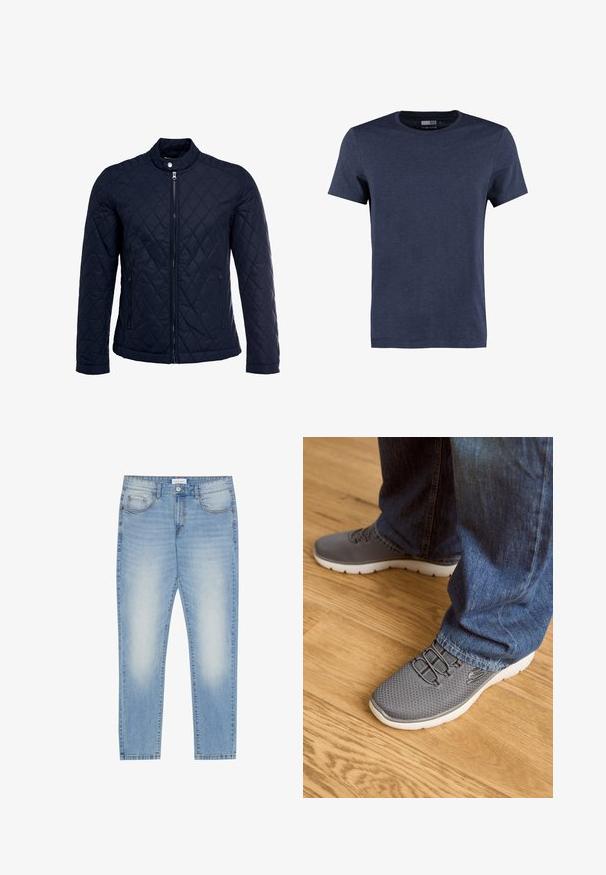Veste matelassée bleu marine avec col montant, fermeture éclair sur le devant et deux poches latérales. Le matériau a une texture lisse avec des motifs en losange.; T-shirt à manches courtes bleu marine en coton, avec un col rond et une texture douce chinée, sans motifs ni accents visibles.; Jean en denim bleu clair avec une coupe regular, design à cinq poches, légère patine à l'avant et finition jambe droite.; Des chaussures de sport grises avec une tige en maille, une semelle blanche et des lacets élastiques. Associées à un jean en denim bleu, sur un sol en bois.