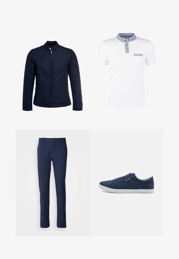 Chaqueta acolchada de color navy que cuenta con un cuello alzado, cierre frontal completo y dos bolsillos laterales. El material tiene una textura suave con patrones en forma de rombo.; Polo blanca con un cuello de denim, que presenta una tapeta de botones y un bolsillo en el pecho. Mangas cortas con una textura suave y lisa.; Pantalones azul marino de tela suave, con un diseño de pierna recta, cierre de cremallera y un único bolsillo frontal con cierre de botón.; Zapatillas de lona azul marino con suelas de goma blancas, punta redonda y seis pares de ojales para los cordones. Presenta una etiqueta de logo en el lateral.