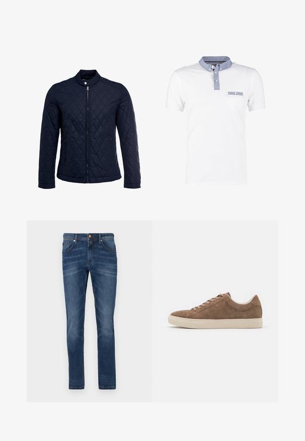 Marineblå quiltet jakke med ståkrave, fuld lynlås foran og to sidelommer. Materialet har en glat tekstur med diamantmønstre.; Hvid polo-shirt med en denimkrave, med en knappet stolpe og en brystlomme. Korte ærmer med en glat, blød tekstur.; Mørkeblå denim jeans med lige ben, fem lommer, subtile blegetoner, kontrastsyet og knaplukning i taljen.; Brune ruskind casual sneakers med lav profil, flad beige gummisål og seks snørehuller. Rund toe og minimalistisk design.