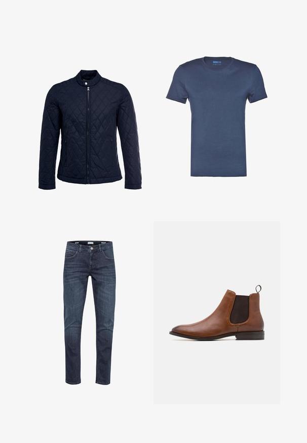 Chaqueta acolchada de color navy que cuenta con un cuello alzado, cierre frontal completo y dos bolsillos laterales. El material tiene una textura suave con patrones en forma de rombo.; Camiseta de algodón azul marino con cuello redondo, mangas cortas y una textura lisa y sólida. Sin patrones ni detalles de hardware visibles.; Vaqueros de denim azul oscuro de corte slim con botón frontal y detalles en los bolsillos, mostrados sobre un fondo blanco.; Zign by Zalando LEATHER - Botines - cognac