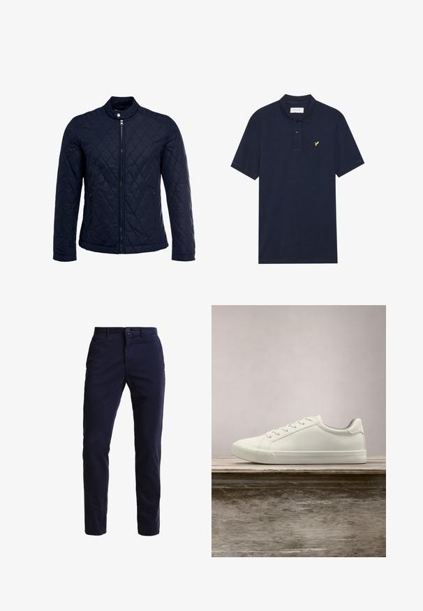 Marinefarbenes wattiertes Jackett mit Stehkragen, durchgehendem Reißverschluss und zwei seitlichen Taschen. Das Material hat eine glatte Textur mit Rautenmuster.; Navyblaues Poloshirt aus strukturiertem Baumwollstoff, mit einer Knopfleiste mit drei Knöpfen, kurzen Ärmeln und einem kleinen gelben Adlerlogo auf der Brust.; Marineblaue Chinohosen aus einem Baumwollmischgewebe, mit geradem Bein, Fronttaschen, einem Reißverschluss sowie einem einzelnen Knopfverschluss am Bund.; Weiße Schnürsneaker, die über einer Holzbank mit grünem Laub im Hintergrund schweben und das Schuhdesign sowie die Textur zeigen.