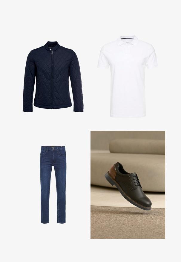 Chaqueta acolchada de color navy que cuenta con un cuello alzado, cierre frontal completo y dos bolsillos laterales. El material tiene una textura suave con patrones en forma de rombo.; Camisa polo blanca de algodón, con un cuello tradicional, mangas cortas y tapeta de tres botones con sutiles detalles en azul marino en el interior.; Vaqueros de mezclilla azul oscuro con un diseño de pierna recta, cinco pockets y un clásico cierre de botón. Textura suave con detalles de desvanecimiento sutil.; Zapato de vestir de cuero negro y marrón con cordones flotando sobre una alfombra beige con un sofá beige en el fondo.