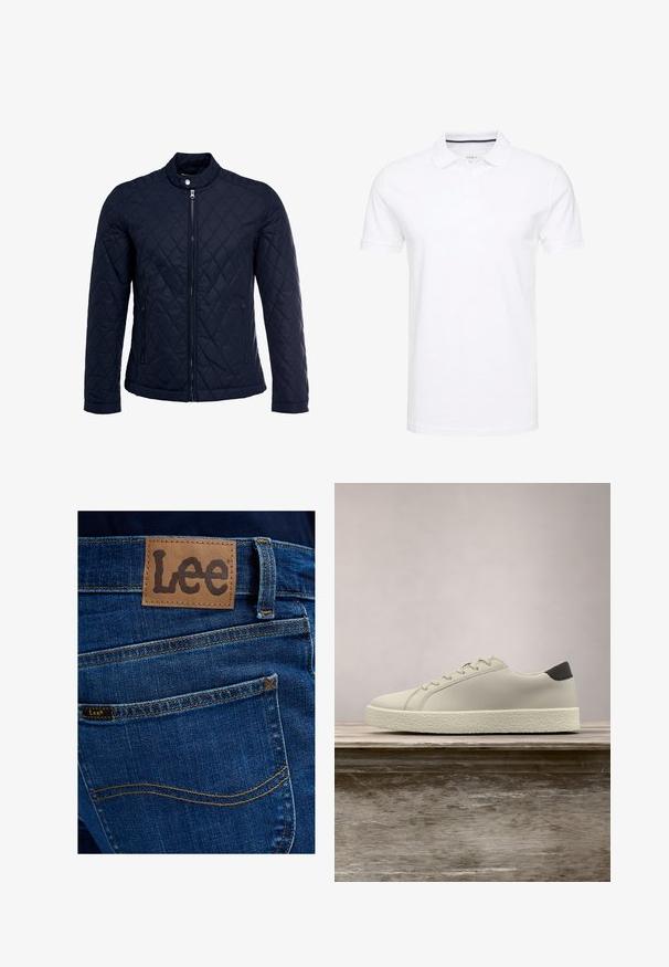 Veste matelassée bleu marine avec col montant, fermeture éclair sur le devant et deux poches latérales. Le matériau a une texture lisse avec des motifs en losange.; Polo shirt blanc en coton, avec un col traditionnel, des manches courtes et une patte de boutonnage à trois boutons, avec des accents navy discrets à l'intérieur.; Vue arrière d'un jean en denim bleu avec un patch en cuir beige et une petite étiquette en tissu, affichant toutes deux le nom de la marque Lee au-dessus de la poche arrière.; Baskets blanches avec semelle texturée et détail noir au talon, flottant au-dessus d'un banc en bois avec de hautes herbes vertes en arrière-plan.