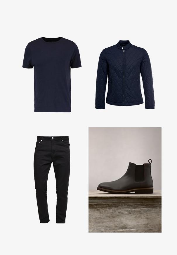 Veste matelassée bleu marine avec col montant, fermeture éclair sur le devant et deux poches latérales. Le matériau a une texture lisse avec des motifs en losange.; Pier One by Zalando T-shirt basique - dark blue; Jean noir en tissu denim, design slim fit, style à cinq poches, fermeture à bouton métallique, avec des détails de couture et une texture lisse.; Bottine Chelsea en cuir noir avec des panneaux élastiques sur les côtés et un bout arrondi, dotée d'une semelle texturée et de détails de couture subtils, surélevée au-dessus d'une surface en bois.