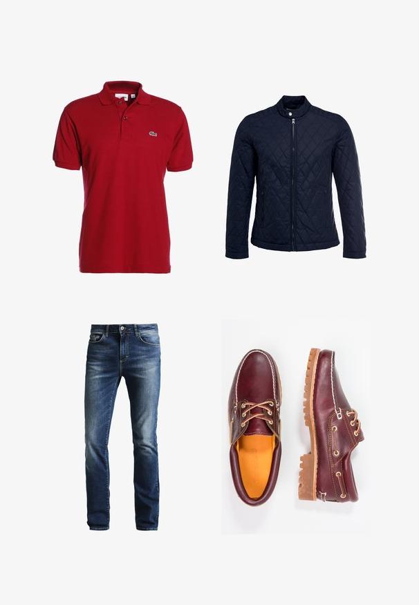 Veste matelassée bleu marine avec col montant, fermeture éclair sur le devant et deux poches latérales. Le matériau a une texture lisse avec des motifs en losange.; Polo shirt rouge en coton, avec un col classique, des manches courtes, une patte de boutonnage à deux boutons, et un petit logo vert brodé sur la poitrine.; Jeans en denim bleu foncé avec un lavage délavé, coupe droite, design à cinq poches et fermeture à bouton argenté. Présente des coutures contrastées.; Chaussures en cuir bourgogne avec semelles en caoutchouc marron, bout rond, couture blanche et œillets dorés. L'intérieur présente une doublure jaune.