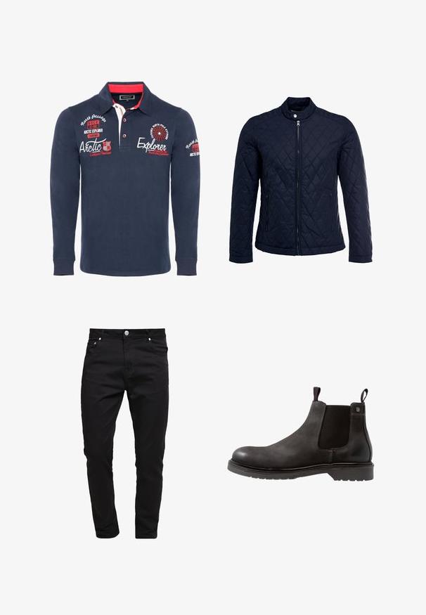 Chaqueta acolchada de color navy que cuenta con un cuello alzado, cierre frontal completo y dos bolsillos laterales. El material tiene una textura suave con patrones en forma de rombo.; Polo de manga larga color navy fabricado en algodón, con cuello, acentos rojos y texto y gráficos bordados en el pecho y las mangas.; Jeans negros de tela de mezclilla, diseño ajustado, estilo de cinco bolsillos, cierre de botón metálico, con detalles de costura y una textura suave.; Botín Chelsea de cuero negro con paneles laterales elásticos, superficie texturizada y suela de goma. Presenta un tirador en rojo y azul.