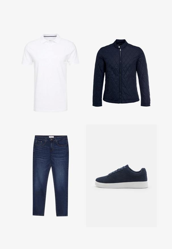 Veste matelassée bleu marine avec col montant, fermeture éclair sur le devant et deux poches latérales. Le matériau a une texture lisse avec des motifs en losange.; Polo shirt blanc en coton, avec un col traditionnel, des manches courtes et une patte de boutonnage à trois boutons, avec des accents navy discrets à l'intérieur.; Jean slim-fit bleu foncé avec cinq poches, fermeture à bouton et couture contrastante, étiqueté Pier One à la taille.; Baskets en daim bleu marine avec un bout rond, semelle en caoutchouc blanc et six œillets pour lacets. Texture lisse et design minimal. Vue de côté présentée.