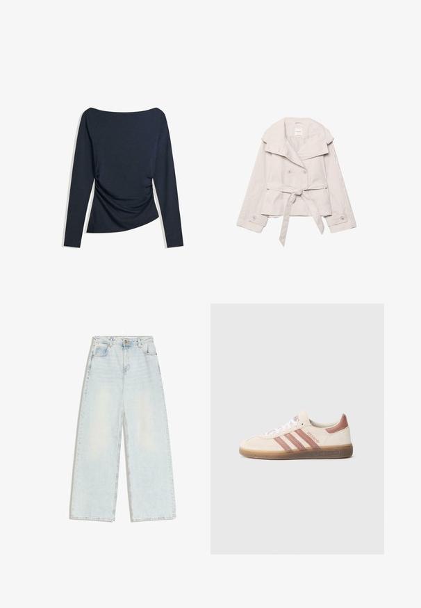 Lysebeige kort trenchcoat med bred krave, dobbeltradede knapper, bælte i taljen og knaplukning ved ærmekanter.; Marineblå langærmet top med bådudskæring og drapering på siden, lagt fladt på en hvid baggrund.; Lyseblå jeans med vide ben, fem lommer, bæltestropper og knaplukning foran i linningen.; Beige ruskindssneaker med pink detaljer, tre pink striber, hvide snørebånd og en gennemsigtig gummisål. "Spezial" branding på siden.